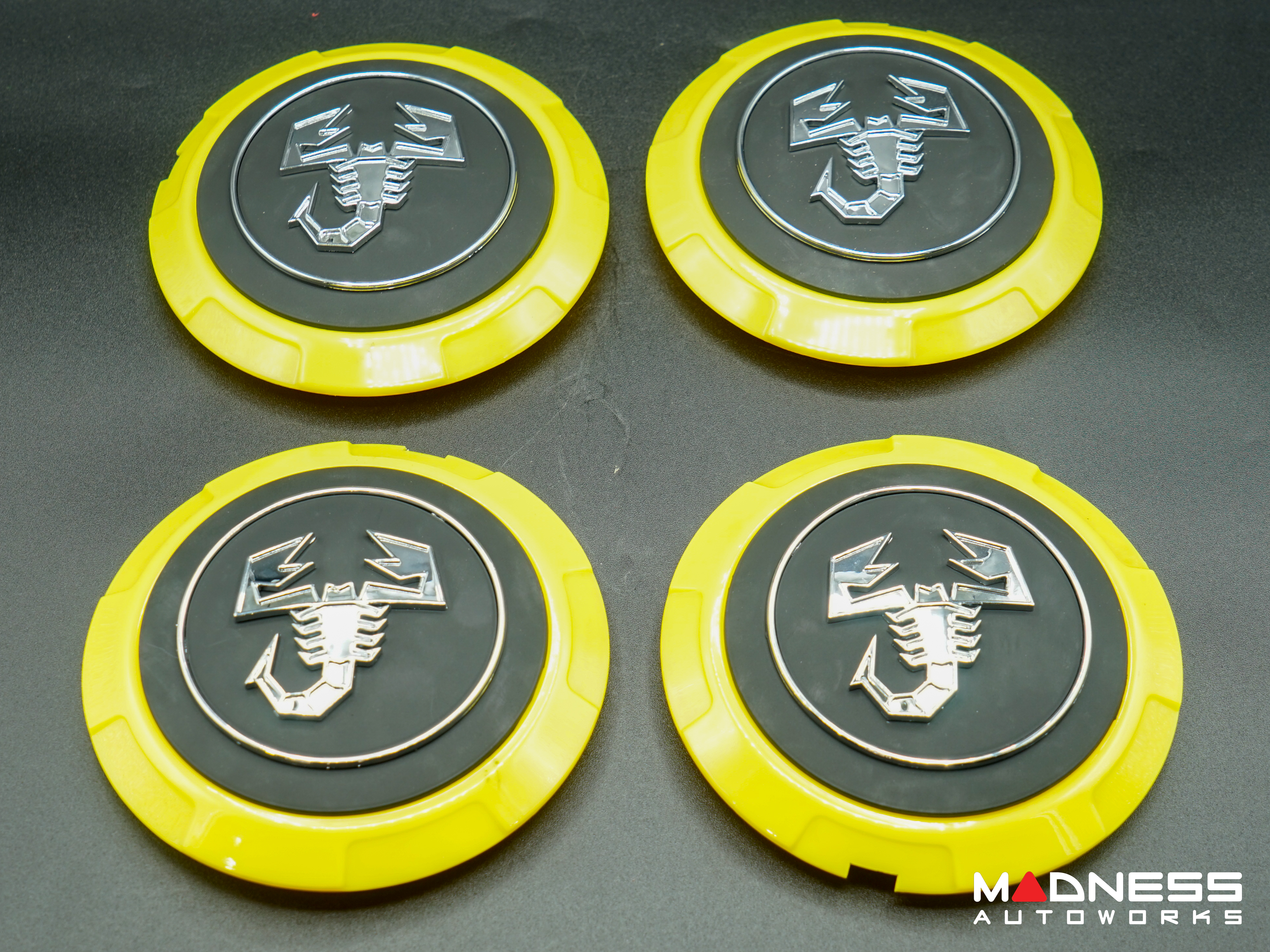 FIAT 500 Wheel Center Cap Set - set of 4 - Yellow/ Black - Scorpion Design